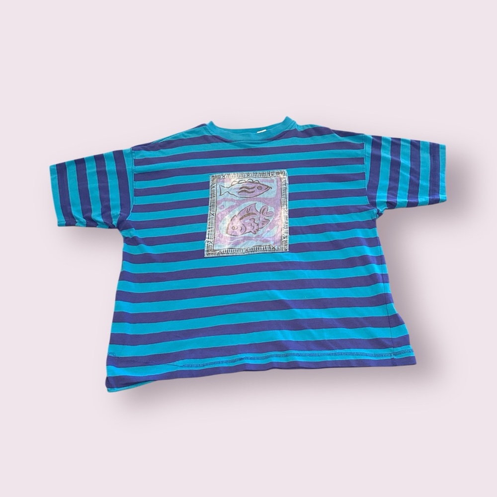 Vintage Women's Russ Studio Blue & Teal Striped T-Shirt Fish Graphic Sz Large